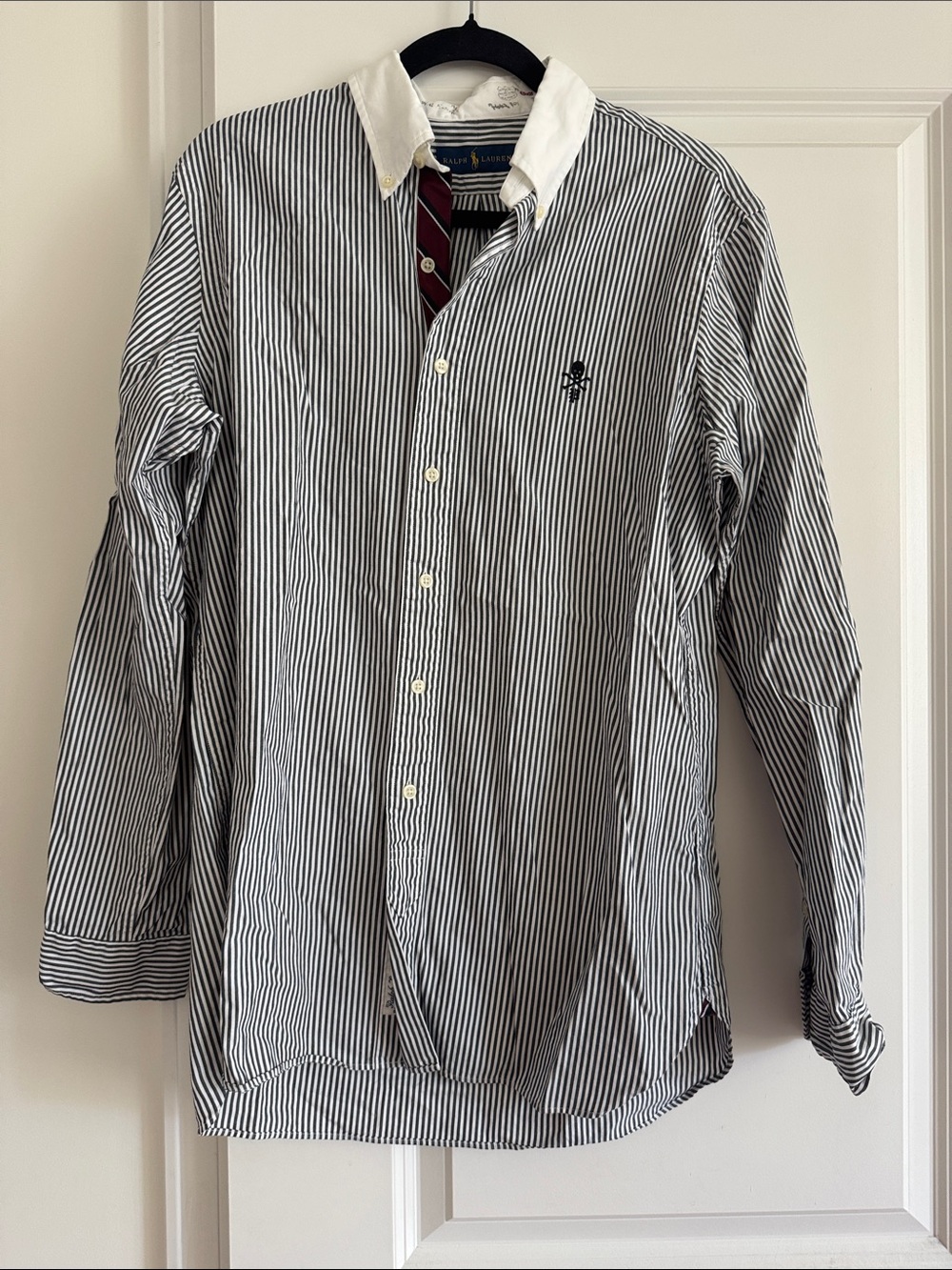 Ralph Lauren Navy and White Vertical Stripe Dress Shirt with White Collar